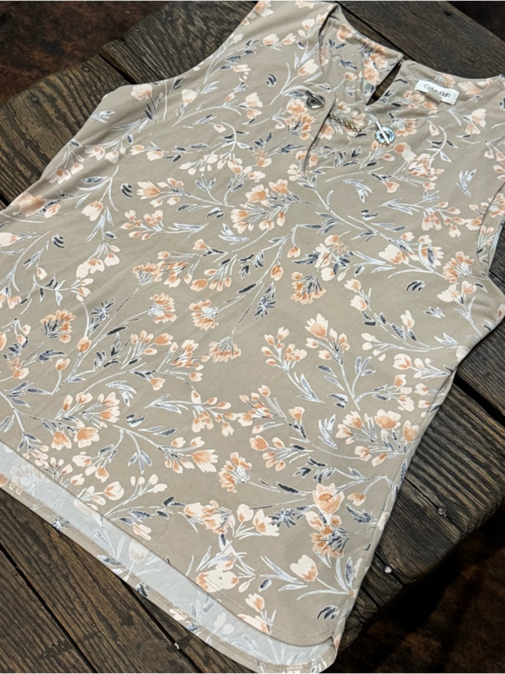 Calvin Klein Taupe Beige w/ Peach Floral Sleeveless Top Tunic Size XL